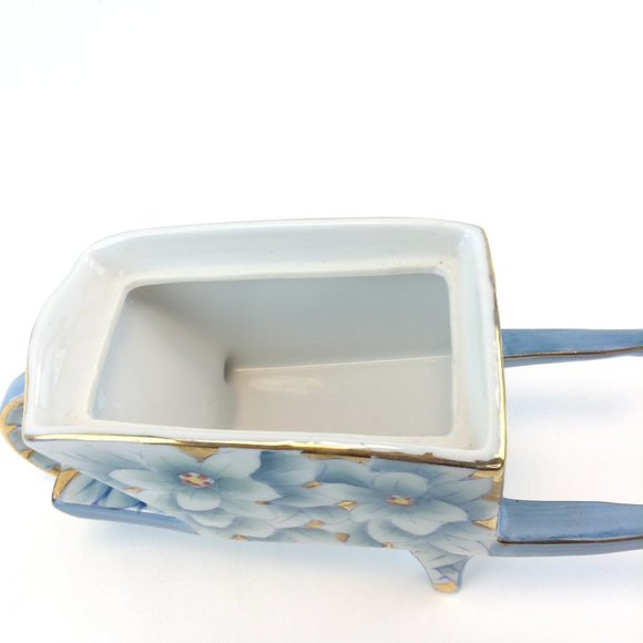 Vintage Shofu China Wheelbarrow Planter Blue/White Flowers w/Gold Made in Japan - Picture 11 of 15
